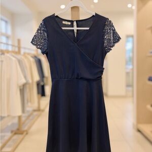 Maurices Navy Wrap Midi Dress with Lace Sleeves